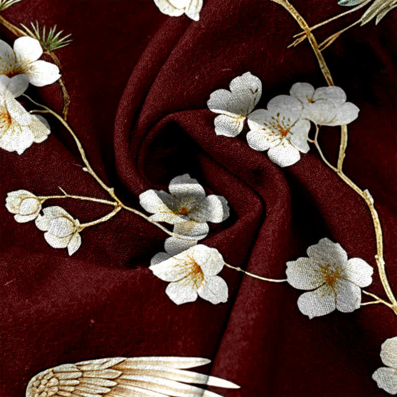 Buddha Stones Pure Cotton Crane Plum Blossom Elastic Waist Women's Pants With Pockets