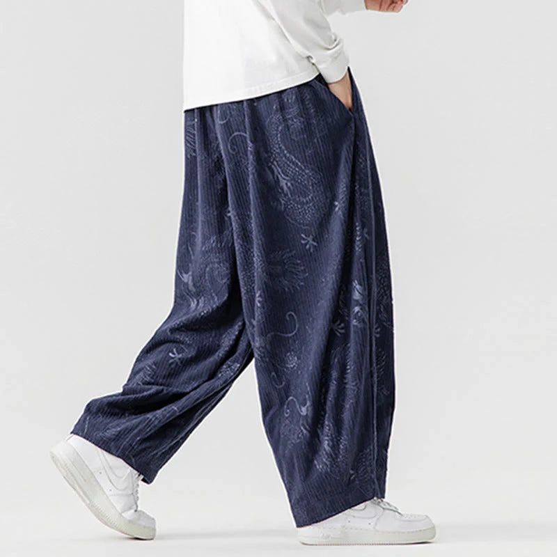 Buddha Stones Winter Dragon Phoenix Pattern Cotton Corduroy Men's Harem Pants With Pockets