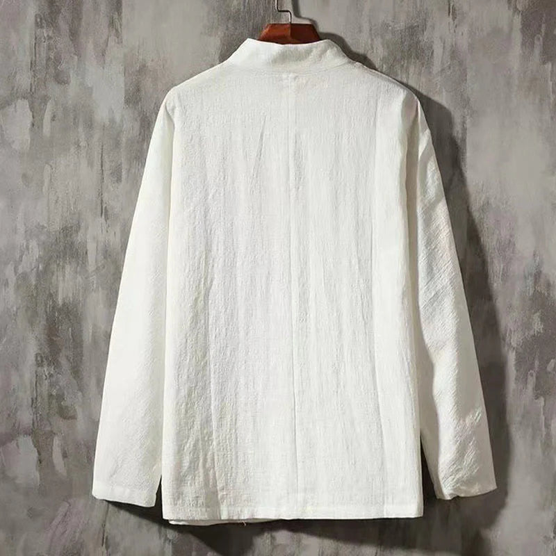 Buddha Stones Men's Tang Long Sleeve Shirt Frog Button With Pocket Stand Collar Comfort Shirt