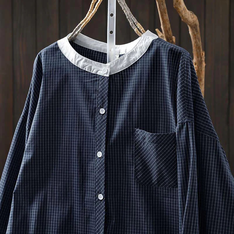 Buddha Stones Plaid Contrasting Buttons Down Long Sleeve Women's Cotton Shirt