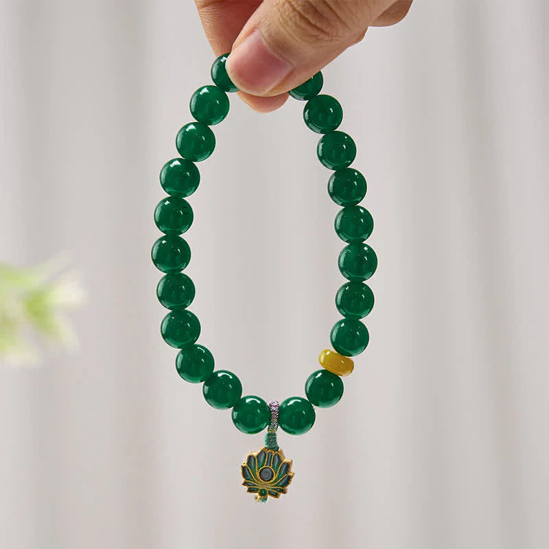 Buddha Stones Natural Green Agate Yellow Agate Lotus Charm Success Beaded Bracelet