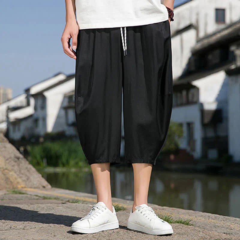 Buddha Stones Summer Elastic Waist Drawstring Solid Color Half Men's Tapered Pants With Pockets