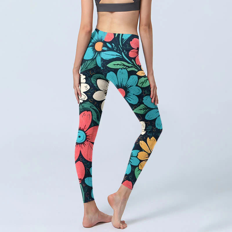 Buddha Stones Colorful Flower Pattern Print Gym Leggings Women's Yoga Pants