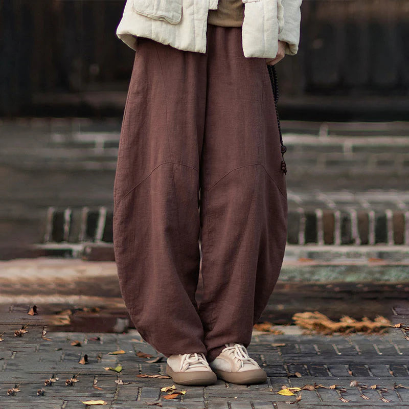 Buddha Stones Winter Elastic Waist Ramie Cotton Thermal Women's Pants With Pockets