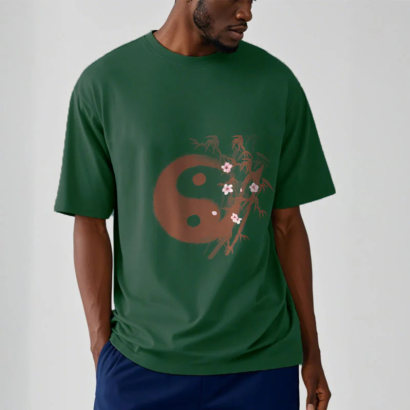 Buddha Stones Yin Yang Bamboo Cherry Blossom Pattern Tee T-shirt