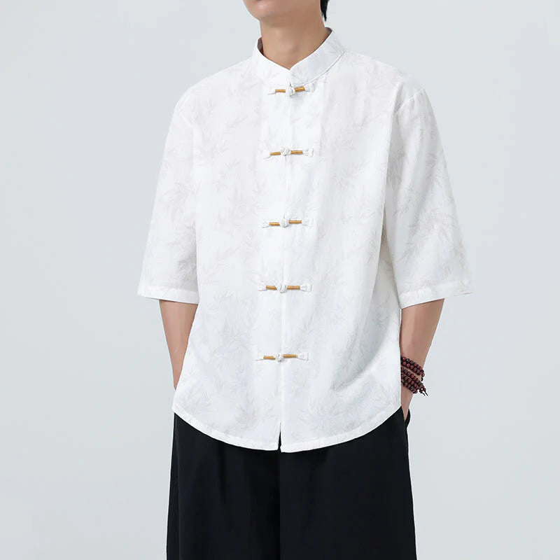 Buddha Stones Summer Bamboo Leaves Pattern Chinese Frog-Button Cotton Linen Short Sleeve Men's Shirt