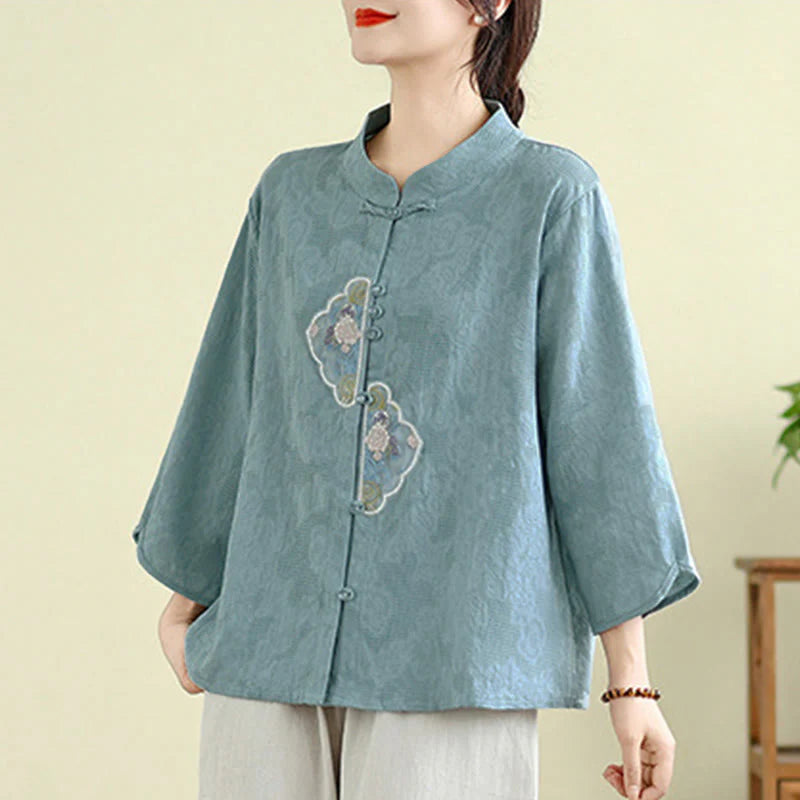 Buddha Stones Flower Embroidery Jacquard Three Quarter Sleeve Frog-Button Cotton Women's Shirt