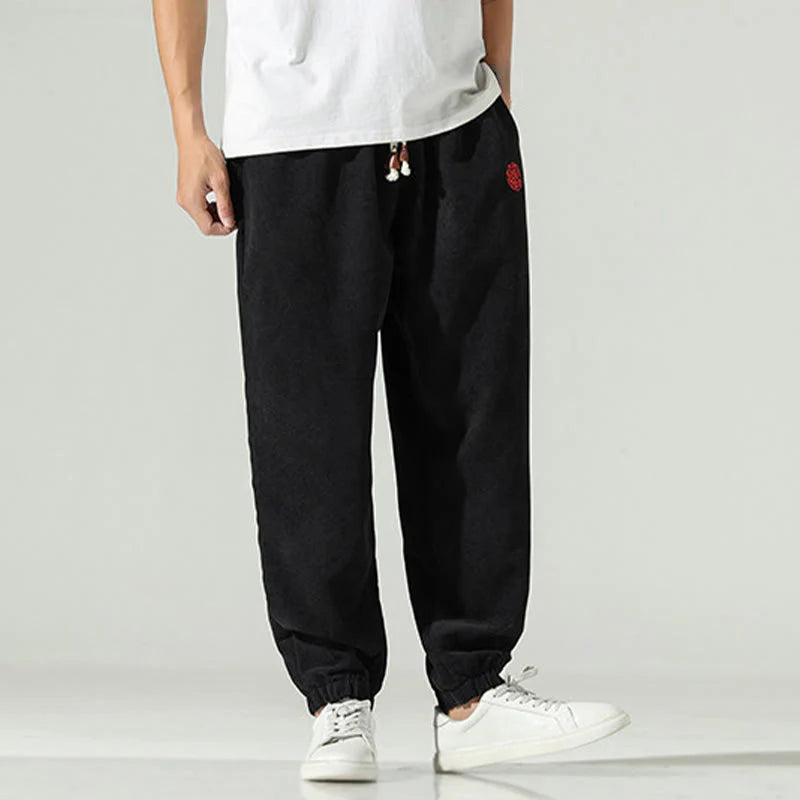 Buddha Stones Fall Plain Corduroy Embroidery Design Men's Harem Pants With Pockets