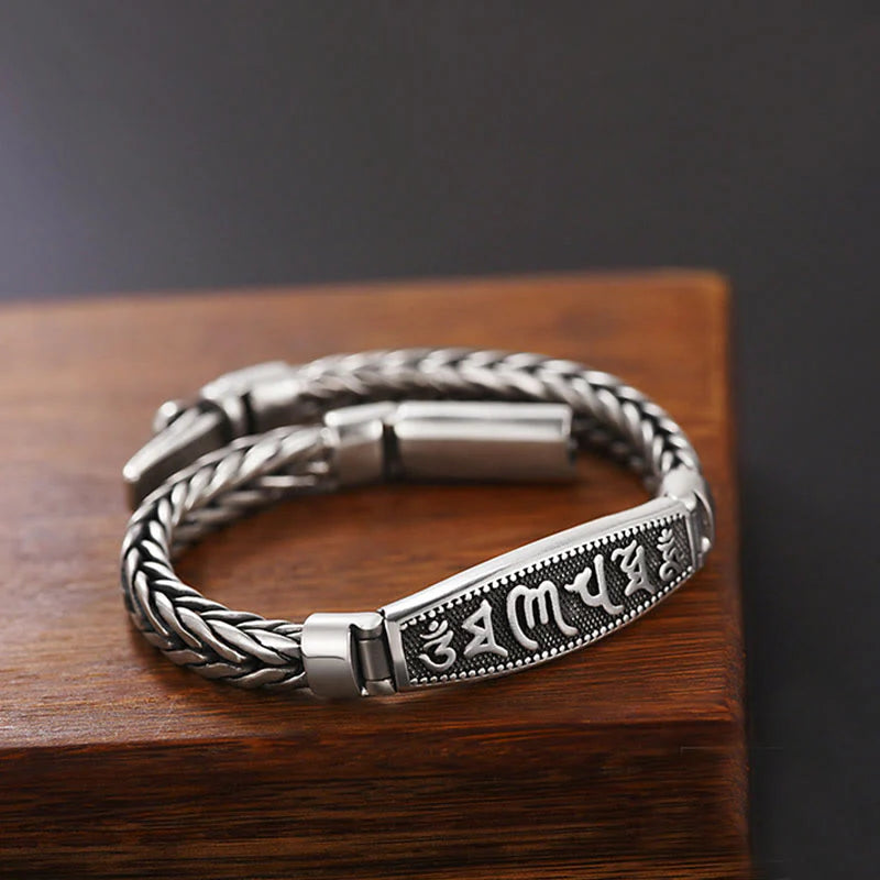 Buddha Stones Tibetan Copper Weave Om Mani Padme Hum Relief Vajra Peace Metal Bracelet