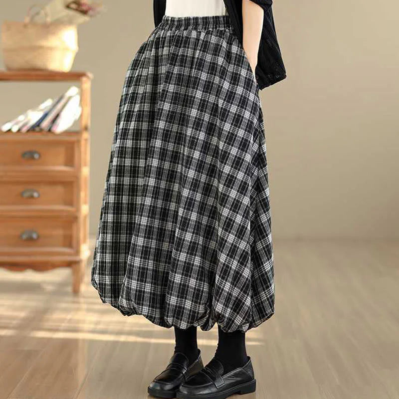 Buddha Stones Women's Plaid Pattern Cotton Skirt With Pockets