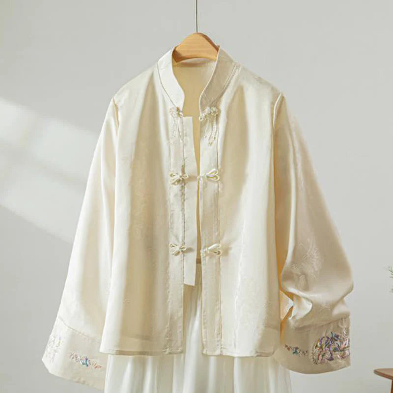 Buddha Stones Fall Flower Embroidery Frog-Button Design Long Sleeve Women's Jacket