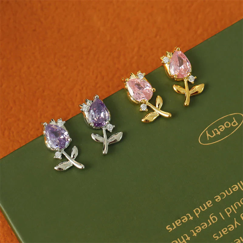 Buddha Stones Pink Purple Tulip Zircon Copper Healing Stud Earrings