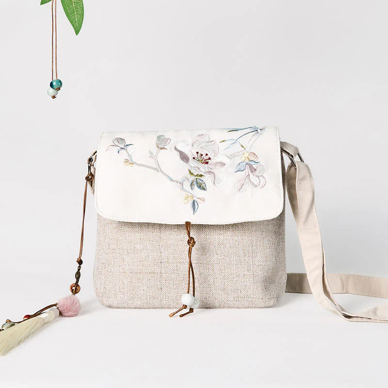Buddha Stones Handmade Magnolia Embroidered Large Capacity Polyester Canvas Backpack