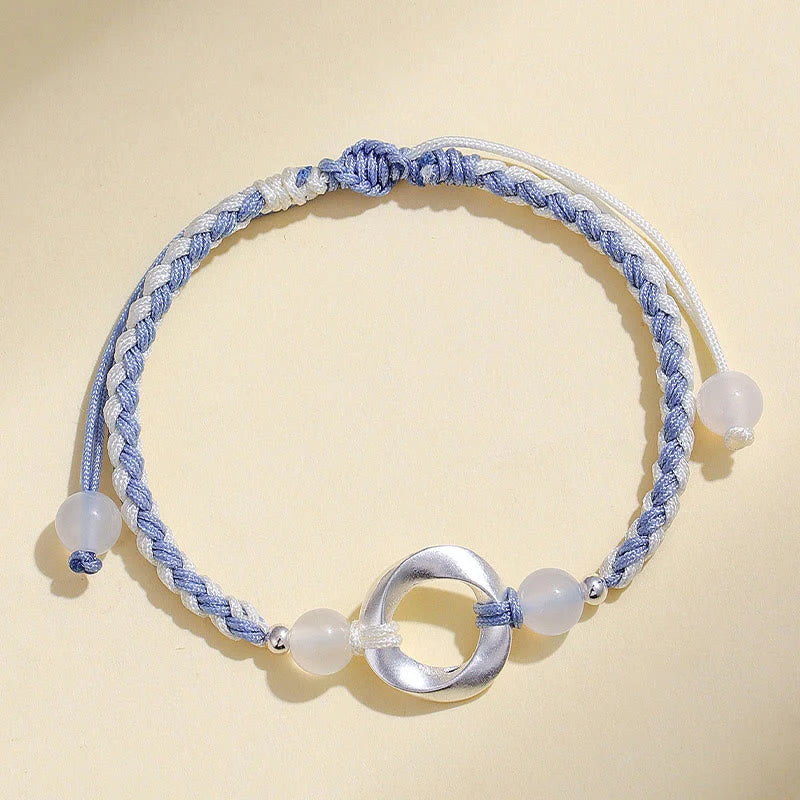 Buddha Stones 925 Sterling Silver Mobius White Agate Bead Braided String Protection Bracelet