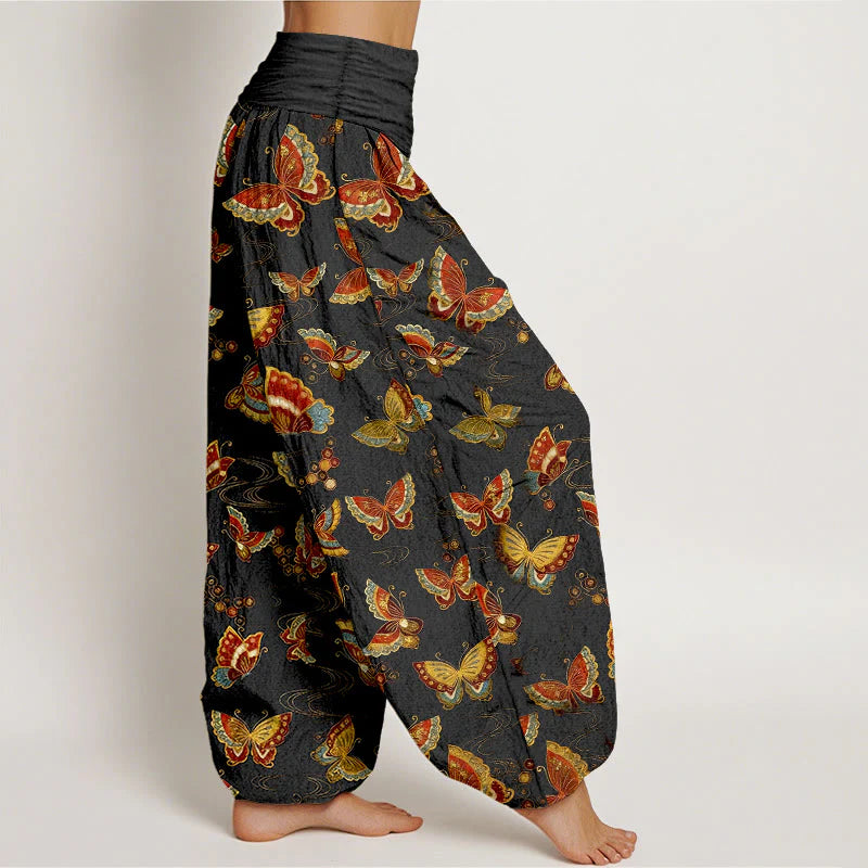Buddha Stones Cotton Colorful Butterfly Pattern Women's Elastic Waist Harem Pants