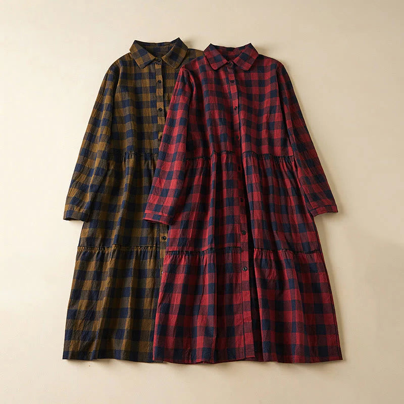 Buddha Stones Contrast Color Plaid Buttons Design Long Sleeve Midi Dress With Pockets