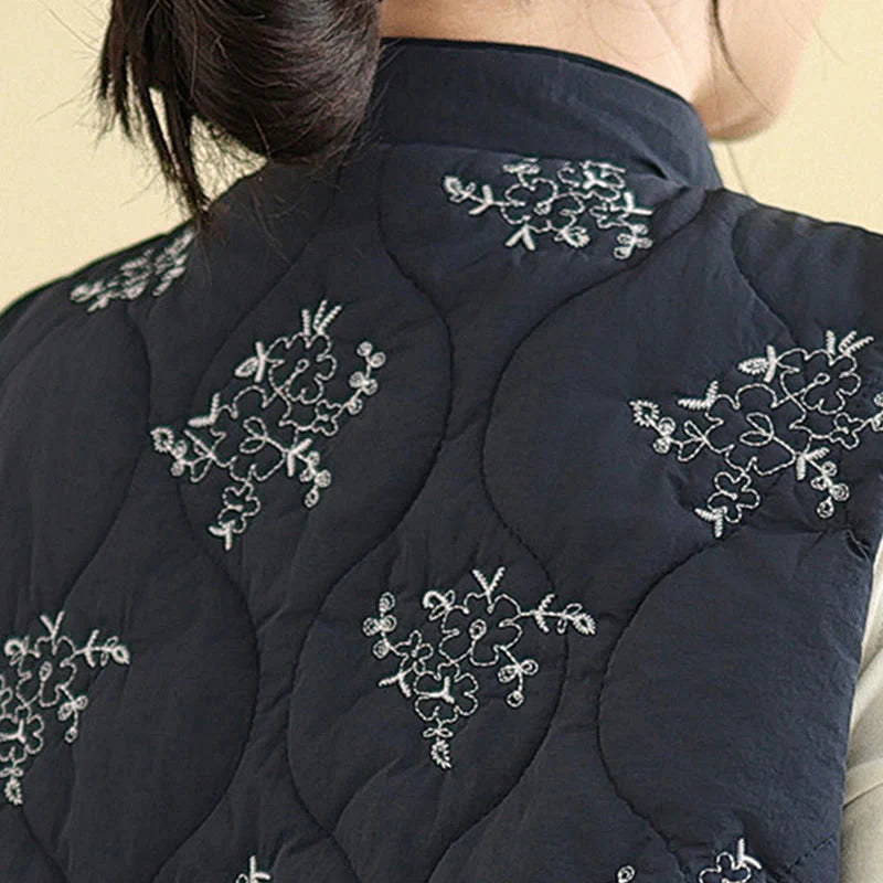 Buddha Stones Embroidered Frog-Button Women's Sleeveless Cotton Vest Waistcoat With Pockets