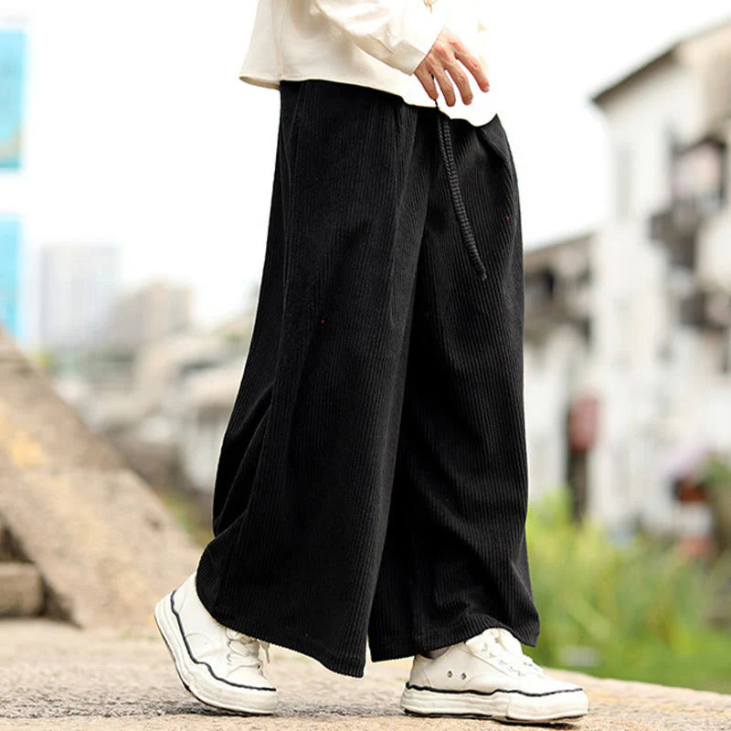 Buddha Stones Fall Solid Color Drawstring Design Men's Corduroy Wide Leg Pants With Pockets