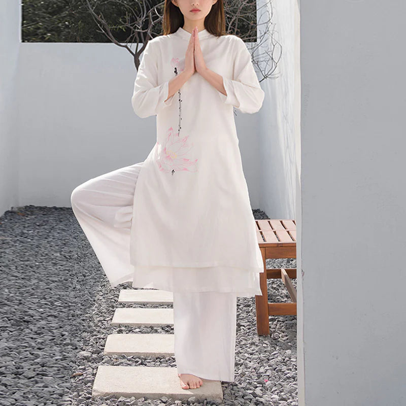 Buddha Stones 2Pcs Lotus Pattern Tai Chi Meditation Yoga Cotton Linen Clothing Top Pants Women's Set  (Extra 30% Off | USE CODE: FS30)