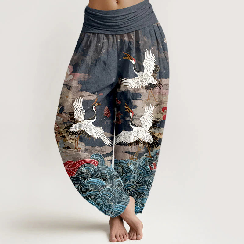 Buddha Stones Cotton Classic Crane Waves Cloud Pattern Women's Elastic Waist Harem Pants
