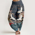 Buddha Stones Cotton Classic Crane Waves Cloud Pattern Women's Elastic Waist Harem Pants