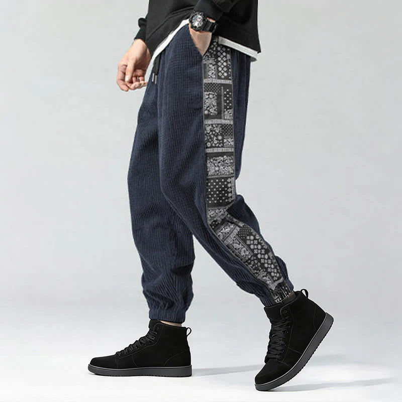 Buddha Stones Fall Solid Drawstring Side Paisley Pattern Straight Leg Ankle-length Corduroy Men's Pants With Pockets