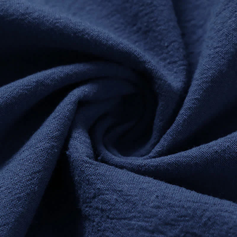 Buddha Stones Solid Color Frog-Button Short Sleeve Notched Collar Men's Cotton Linen T-Shirt