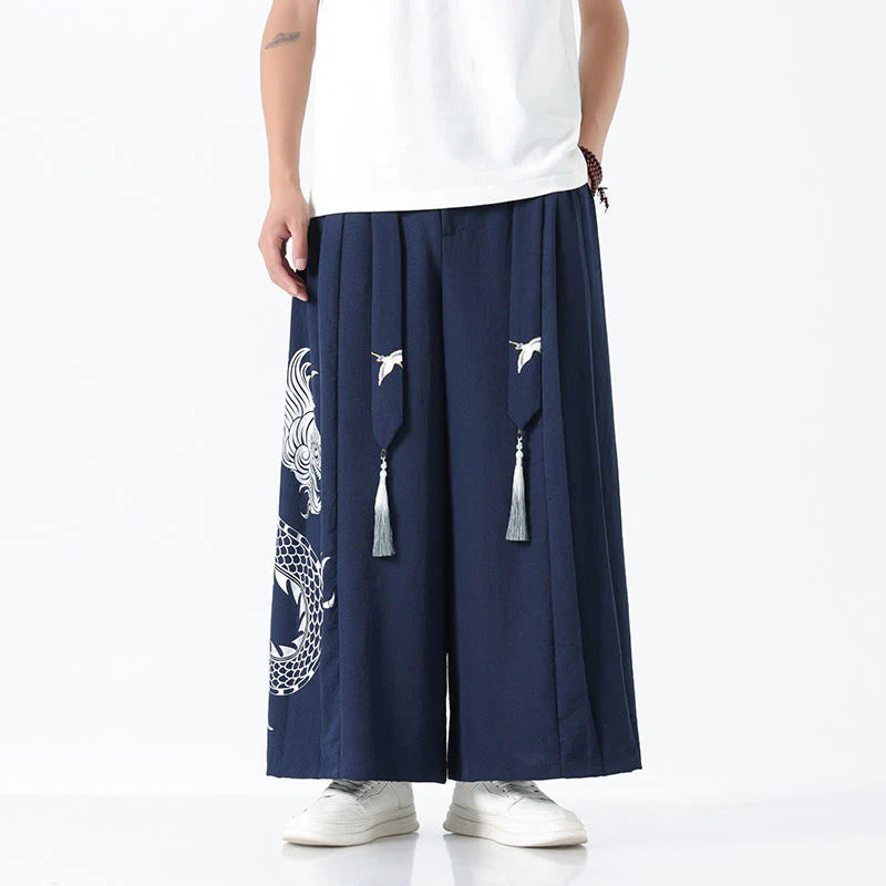 Buddha Stones Summer Dragon Drawstring Design Cotton Ankle-Length Men's Wide Leg Pants With Pockets