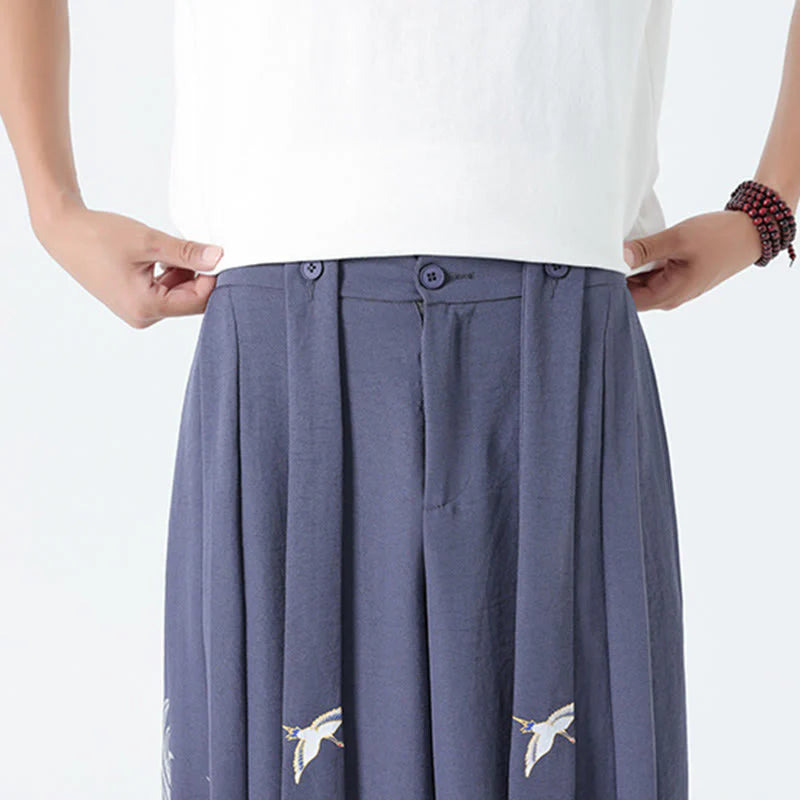 Buddha Stones Summer Dragon Drawstring Design Cotton Ankle-Length Men's Wide Leg Pants With Pockets