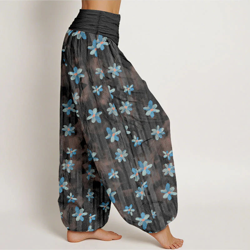 Buddha Stones Cotton Simple Style Flower Pattern Women's Elastic Waist Harem Pants