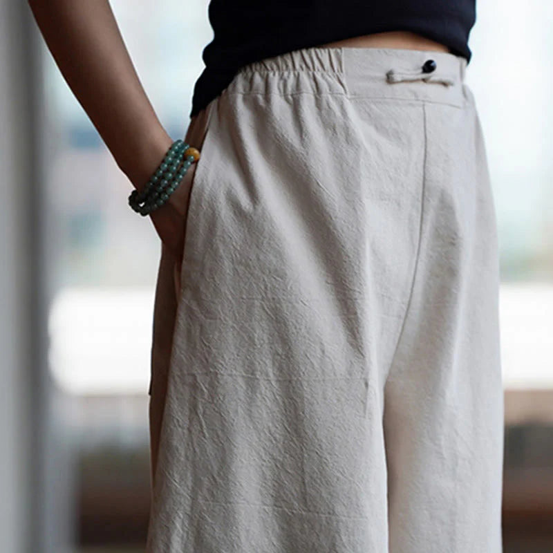 Buddha Stones Summer Plain One Chinese Frog-Button Straight Leg Design Men's Cotton Linen Pants With Pockets