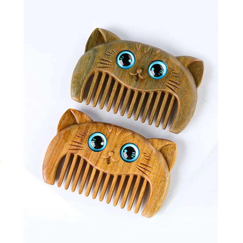 Buddha Stones Simple Cat Pattern Green Sandalwood Cure Portable Comb