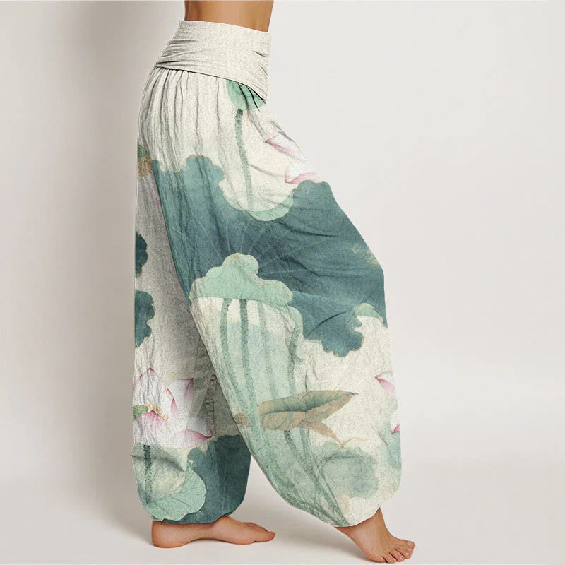 Buddha Stones Cotton Casual Lotus Petal Pods Pattern Women's Elastic Waist Harem Pants