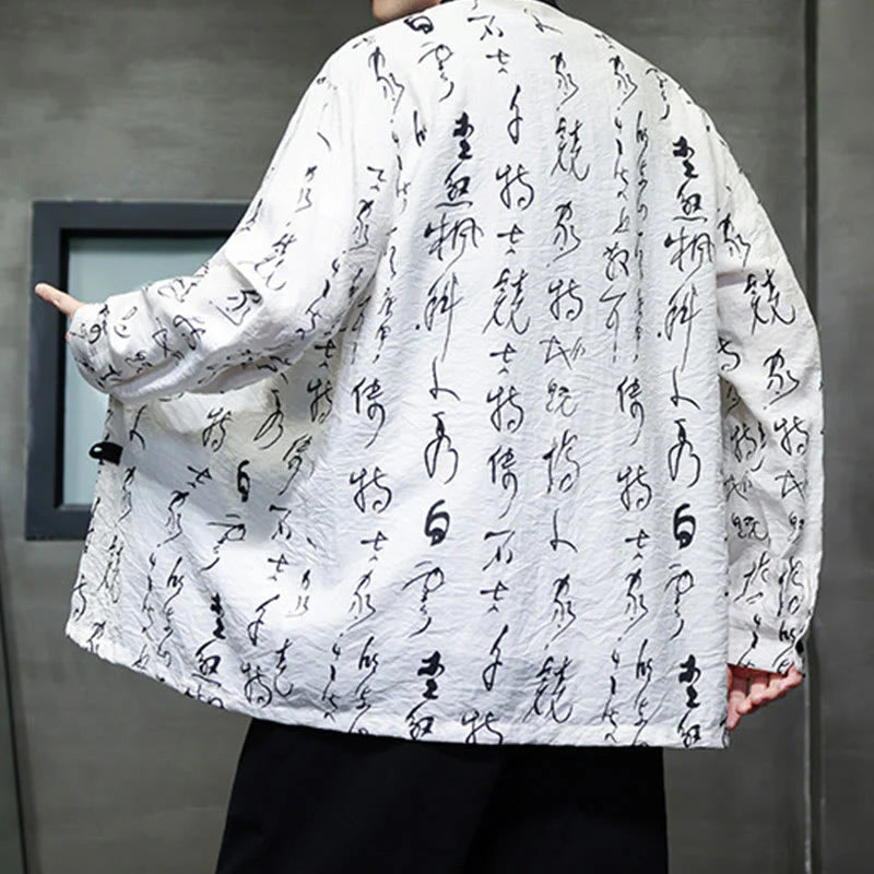 Buddha Stones Spring Fall Calligraphy Frog-Button Long Sleeve Men's Jacket