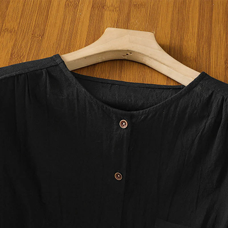 Buddha Stones Casual Plain Buttons Half Sleeve Women's Cotton Linen Shirt With Pocket