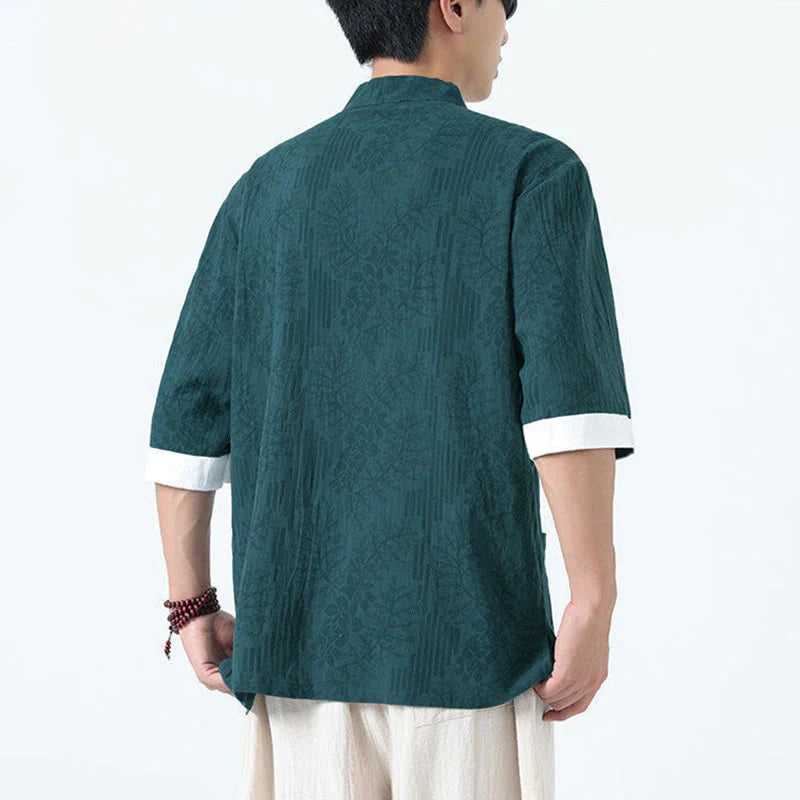 Buddha Stones Summer Flowers Grass Pattern Tang Suit Men's Frog-Button Half Sleeve Cotton Shirt With Pockets