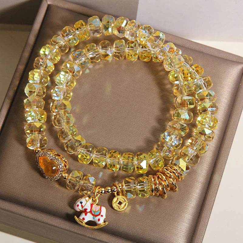 Buddha Stones Chinese Zodiac Year Of The Horse Crystal Glass Copper Coin Gourd Double Wrap Bracelet