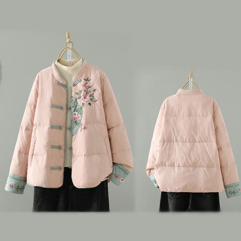 Buddha Stones Peach Blossom Embroidery Frog-Button Long Sleeve Thermal Women's Jacket With Pockets