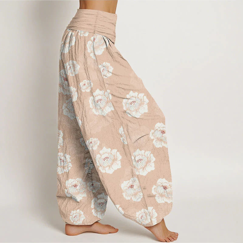 Buddha Stones Cotton Elegant White Flowers Pattern Women's Elastic Waist Harem Pants