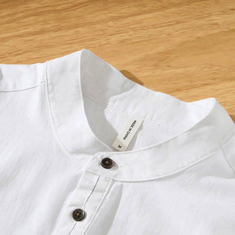 Buddha Stones Summer Solid Men's Half Button Short Sleeve Cotton Shirt