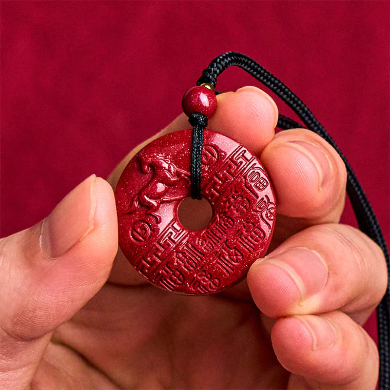 Buddha Stones Year Of The Horse Carved Fu Character Peace Buckle Design Cinnabar Blessing Auspicious Necklace Pendant