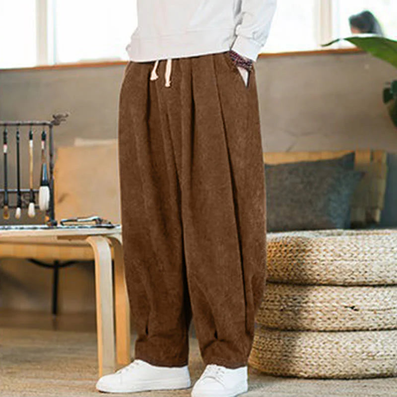 Buddha Stones Retro Men's Plain Fleece-Lined Corduroy Simple Design Harem Pants With Pockets