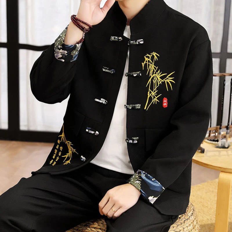Buddha Stones 2Pcs Tang Suit Bamboo Frog-Button Men's Long Sleeve Shirt Pants Clothing Set