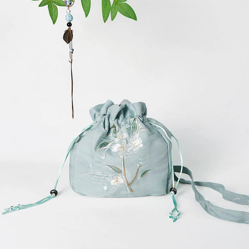 Buddha Stones Embroidered Green Flower Blossom Leaves Canvas Tote Crossbody Bag Shoulder Bag Handbag