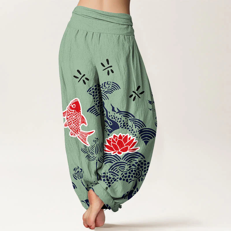 Buddha Stones Pure Cotton Koi Fish Lotus Flowers OceanÂ Women's Elastic Waist Harem Pants