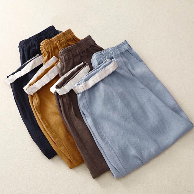 Buddha Stones Summer Plain Elastic Waist Two-tone Cuffs Cropped Women's Tapered Pants With Pockets