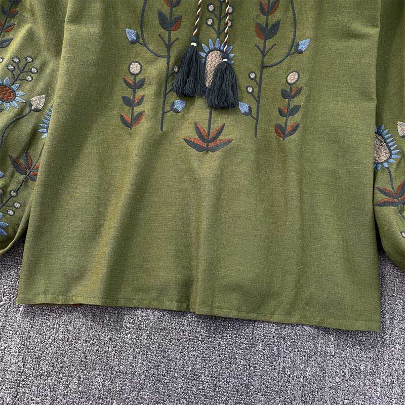 Buddha Stones Casual Embroidery Flower Leaf Pattern Women's Cotton Linen Round Neck T-shirt