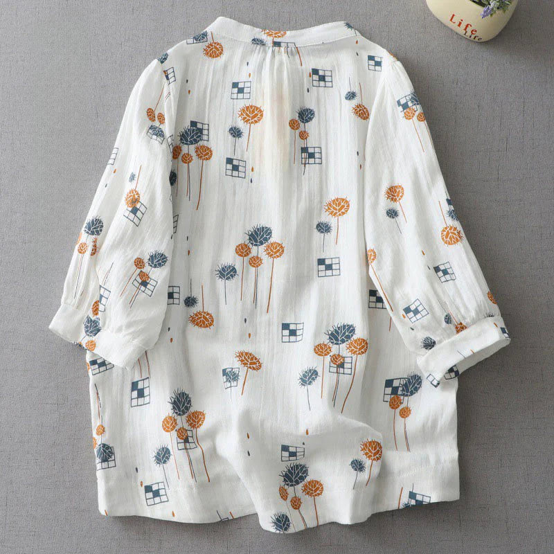 Buddha Stones Printed Half Button DesignThree Quarter Gathered Sleeve Women's Cotton Shirt