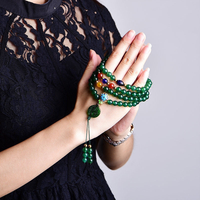 Buddha Stones 108 Mala Beads Natural Green Agate Power Support Bracelet (Extra 30% Off | USE CODE: FS30)