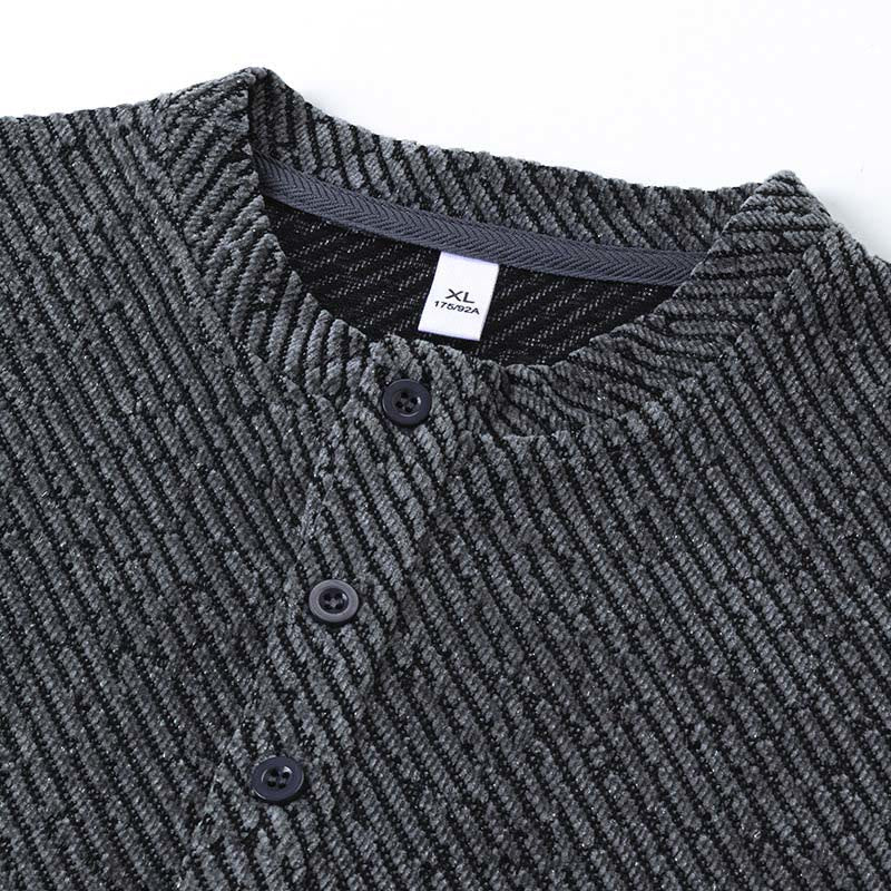 Buddha Stones Fall Crew Neck Stripes Button Men's Sweatshirt Pullover